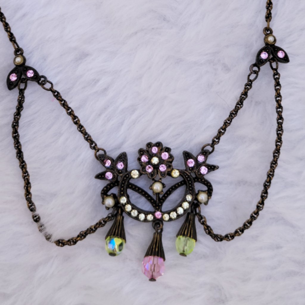 Sweet Romance Victorian Necklace With Pink And Green Stones